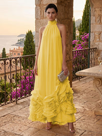 Chiffon A-Line/Princess High Neck Floor-Length Formal Dresses with Ruffles