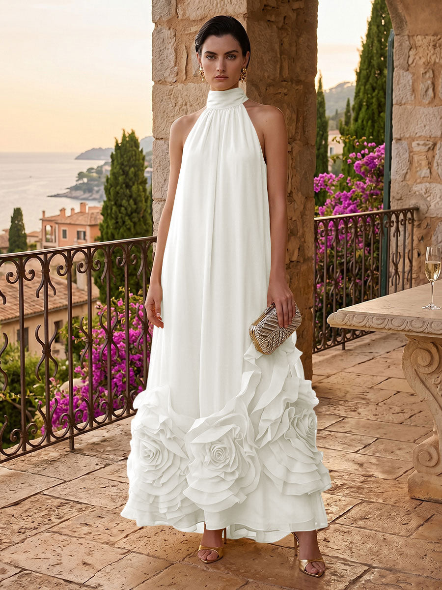 Chiffon A-Line/Princess High Neck Floor-Length Formal Dresses with Ruffles