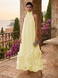 Chiffon A-Line/Princess High Neck Floor-Length Formal Dresses with Ruffles