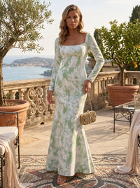 Jacquard Mermaid/Trumpet Square Neck Floor-Length Formal Dresses with Sweep Train