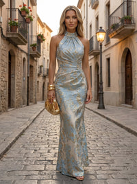 Jacquard Sheath/Column Halter Floor-Length Formal Dresses with Ruched Waist