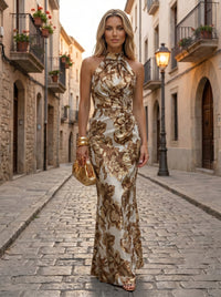 Jacquard Sheath/Column Halter Floor-Length Formal Dresses with Ruched Waist