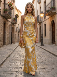 Jacquard Sheath/Column Halter Floor-Length Formal Dresses with Ruched Waist