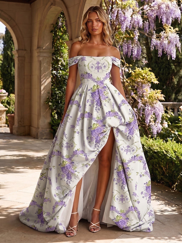 Floral Print A-Line/Princess Off Shoulder Floor-Length Formal Dresses with Ruched Waist & Slit