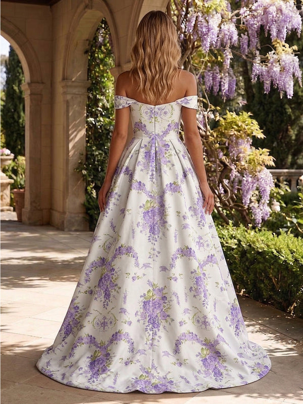 Floral Print A-Line/Princess Off Shoulder Floor-Length Formal Dresses with Ruched Waist & Slit