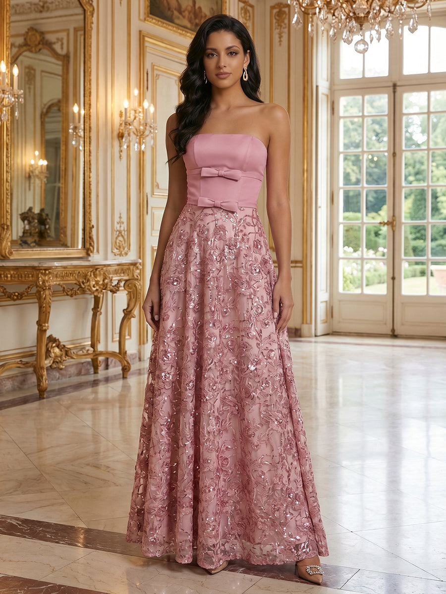 Sequin Floral A-Line/Princess Strapless Floor-Length Formal Dresses with Corset Bodice