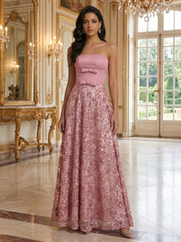 Sequin Floral A-Line/Princess Strapless Floor-Length Formal Dresses with Corset Bodice
