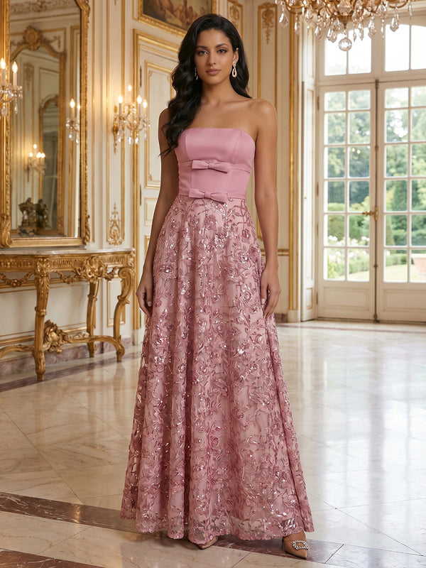Sequin Floral A-Line/Princess Strapless Floor-Length Formal Dresses with Corset Bodice