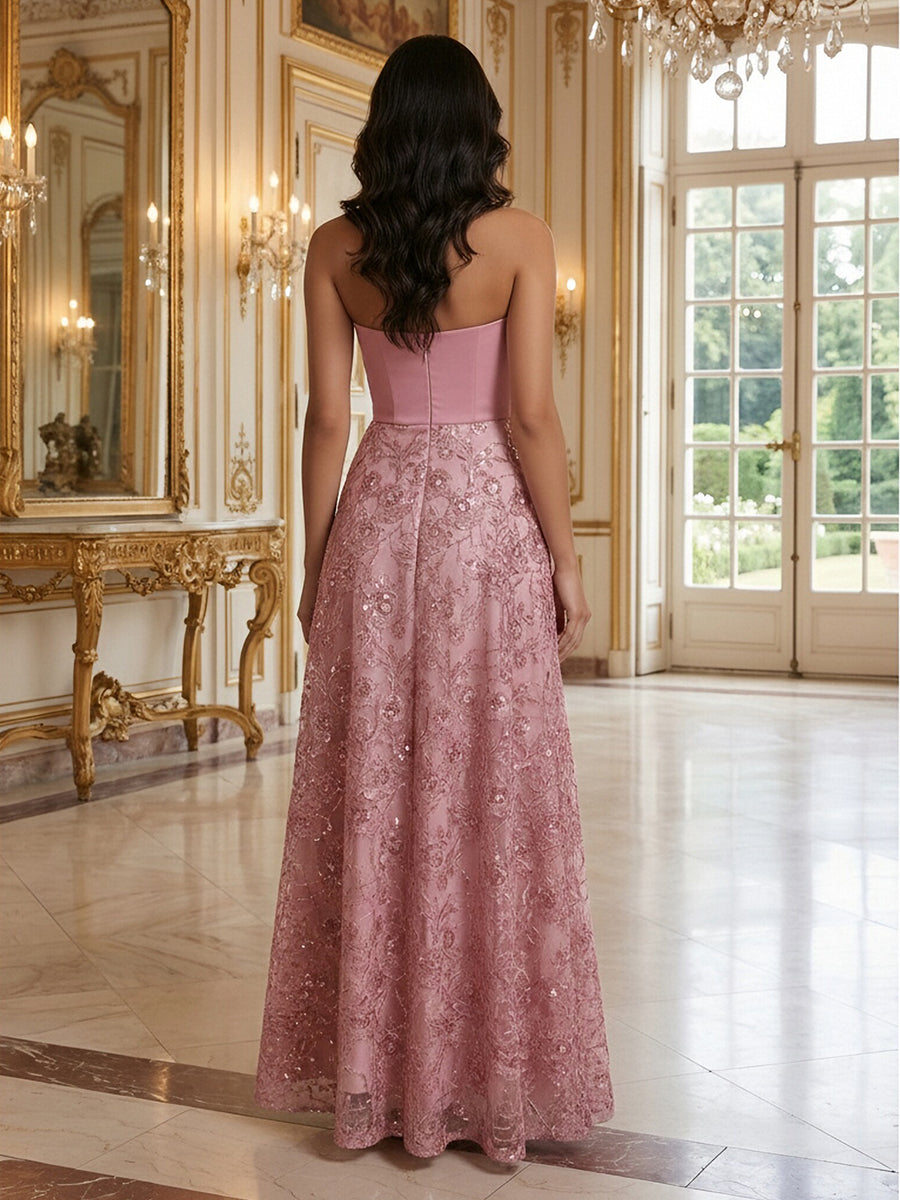 Sequin Floral A-Line/Princess Strapless Floor-Length Formal Dresses with Corset Bodice
