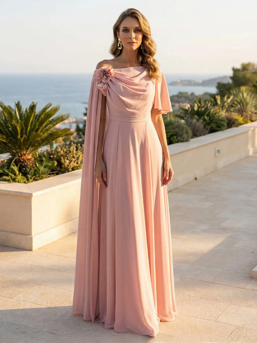 Chiffon A-Line/Princess Off Shoulder Floor-Length Formal Dresses with Side Draped Sash