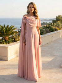 Chiffon A-Line/Princess Off Shoulder Floor-Length Formal Dresses with Side Draped Sash
