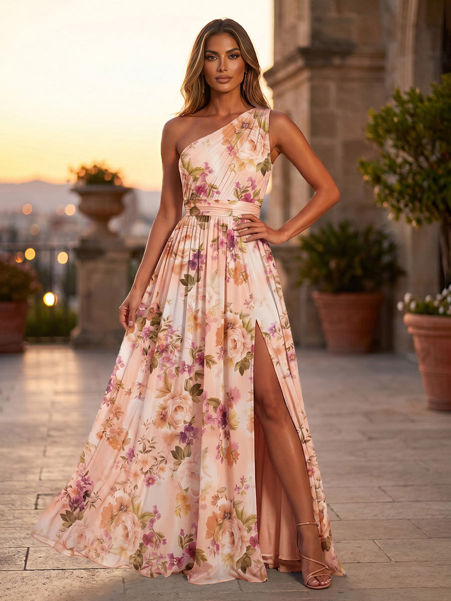 Floral Print A-Line/Princess One Shoulder Floor-Length Formal Dresses with Ruched Waist & Slit