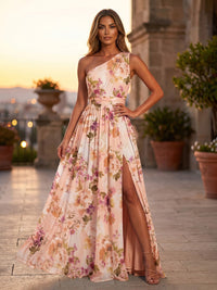 Floral Print A-Line/Princess One Shoulder Floor-Length Formal Dresses with Ruched Waist & Slit