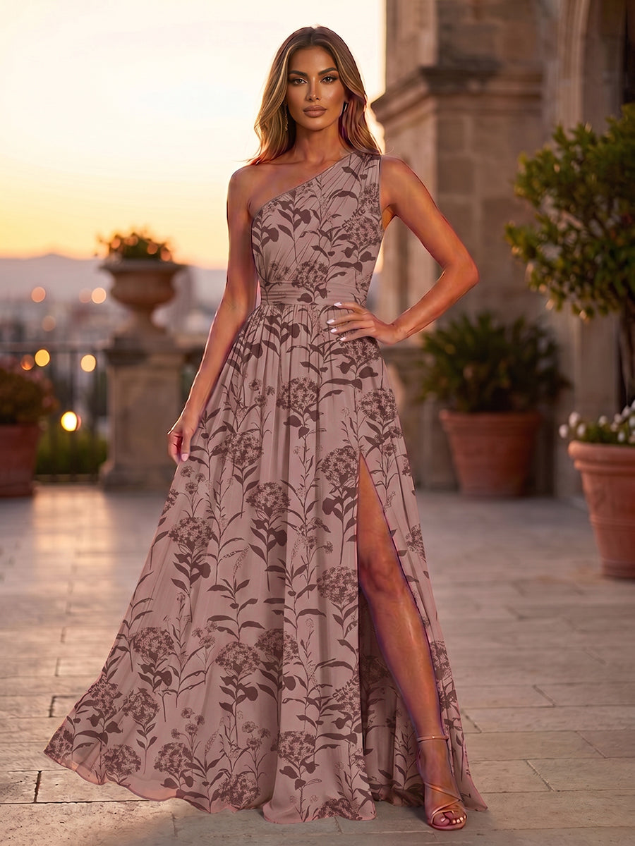 Floral Print A-Line/Princess One Shoulder Floor-Length Formal Dresses with Ruched Waist & Slit