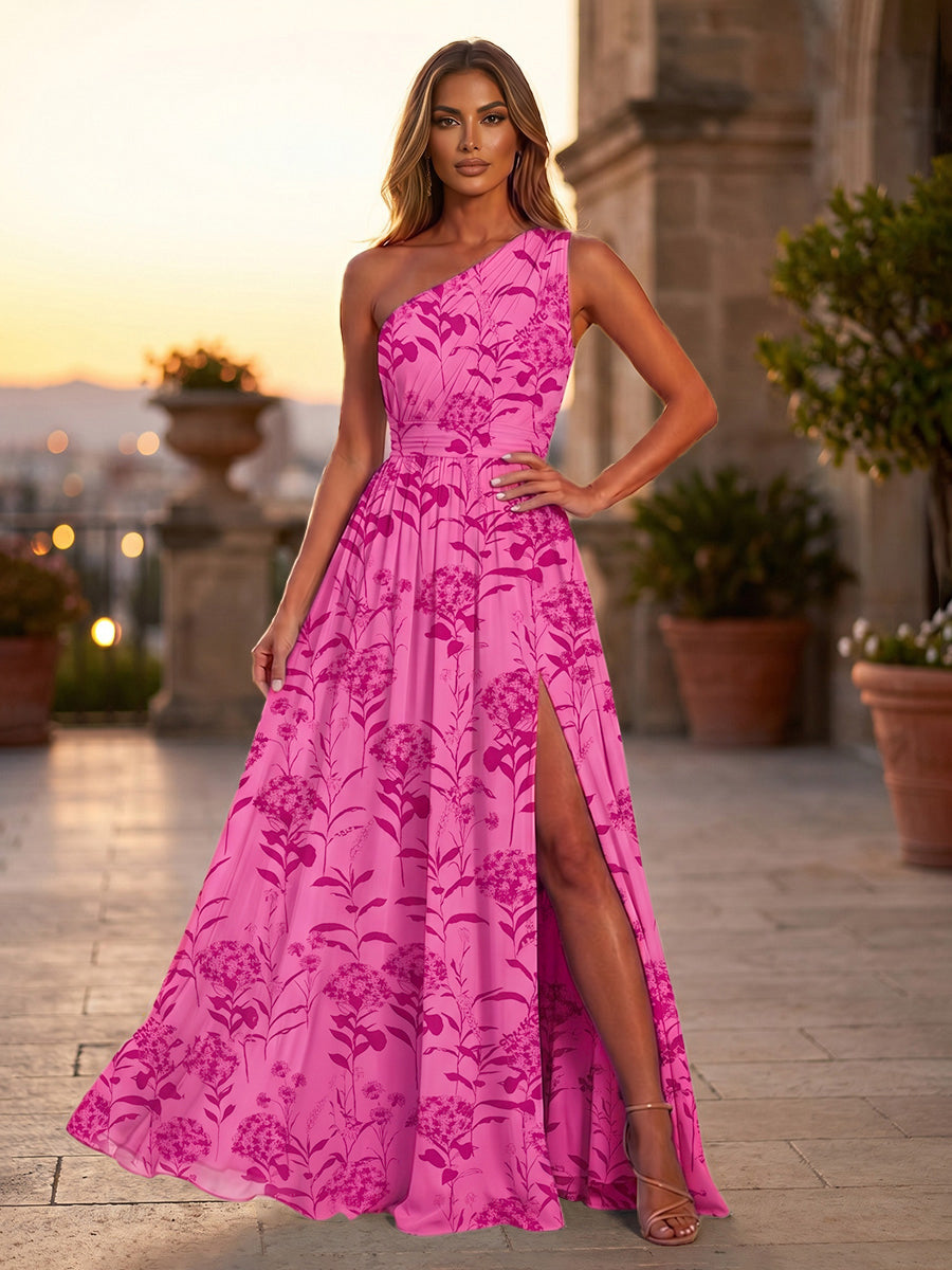 Floral Print A-Line/Princess One Shoulder Floor-Length Formal Dresses with Ruched Waist & Slit