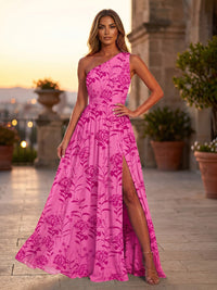 Floral Print A-Line/Princess One Shoulder Floor-Length Formal Dresses with Ruched Waist & Slit