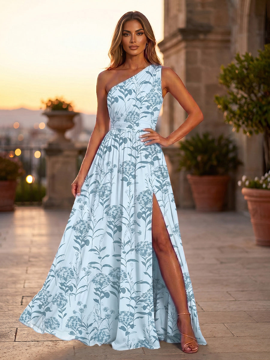Floral Print A-Line/Princess One Shoulder Floor-Length Formal Dresses with Ruched Waist & Slit