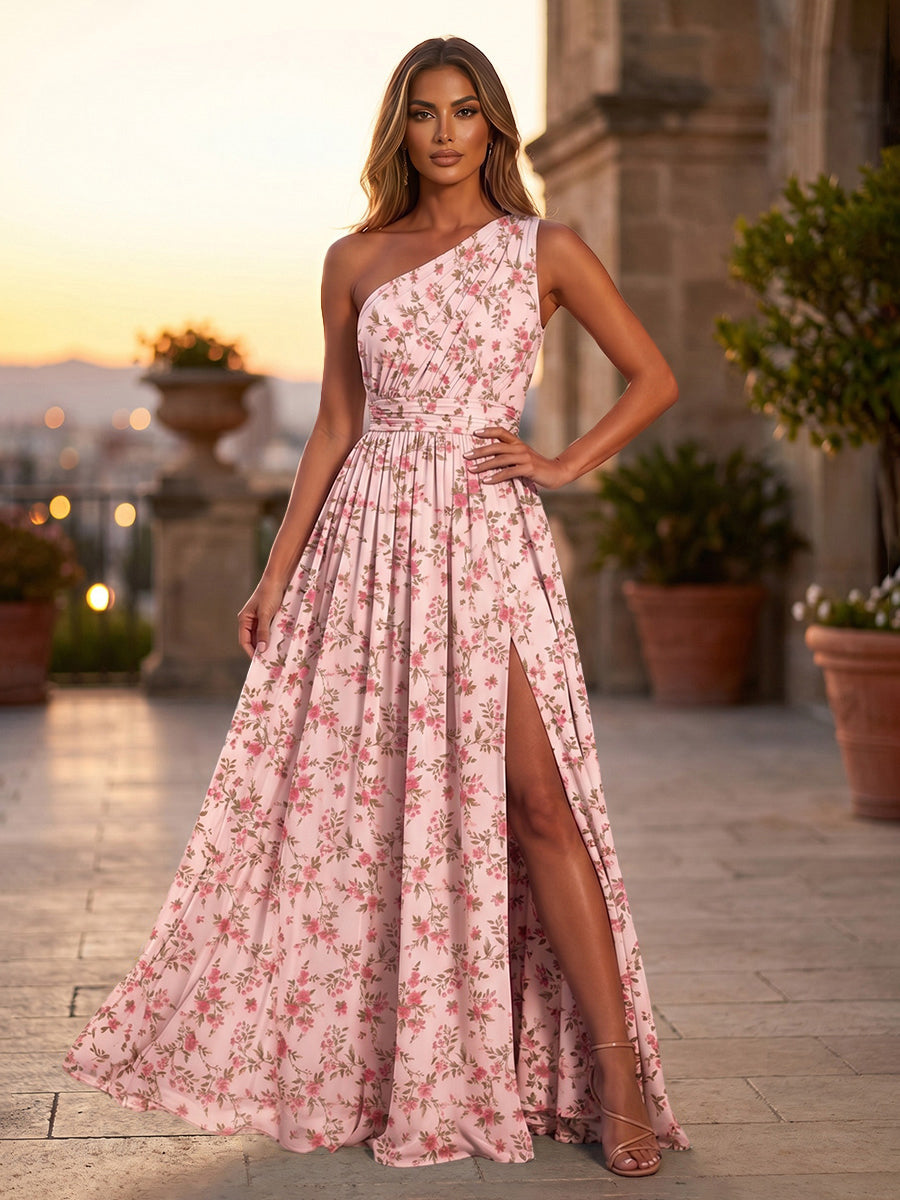 Floral Print A-Line/Princess One Shoulder Floor-Length Formal Dresses with Ruched Waist & Slit