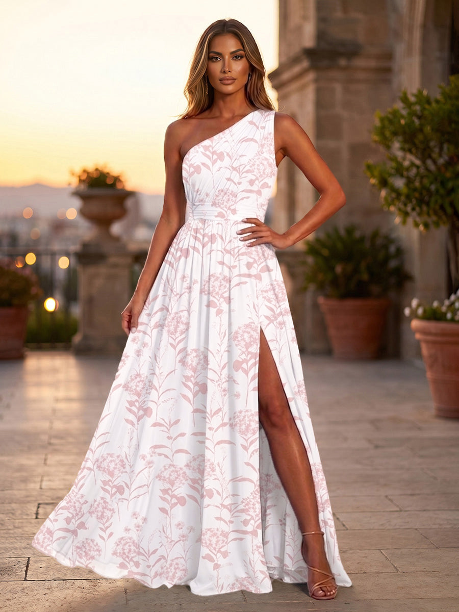 Floral Print A-Line/Princess One Shoulder Floor-Length Formal Dresses with Ruched Waist & Slit