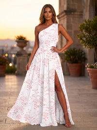 Floral Print A-Line/Princess One Shoulder Floor-Length Formal Dresses with Ruched Waist & Slit