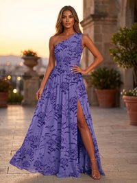 Floral Print A-Line/Princess One Shoulder Floor-Length Formal Dresses with Ruched Waist & Slit