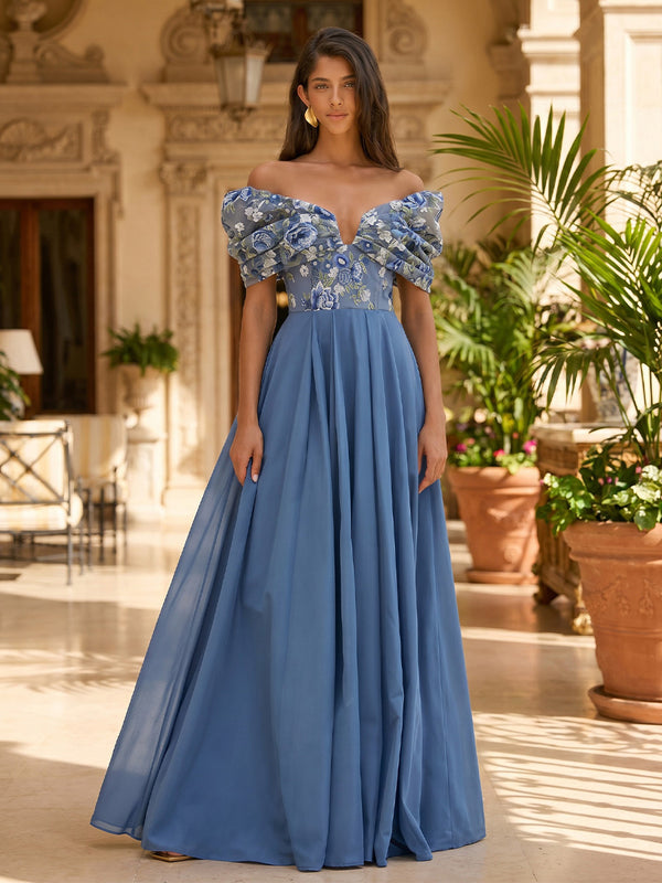 Chiffon A-Line/Princess Off Shoulder Floor-Length Formal Dresses with Floral Bodice & Ruched Waist