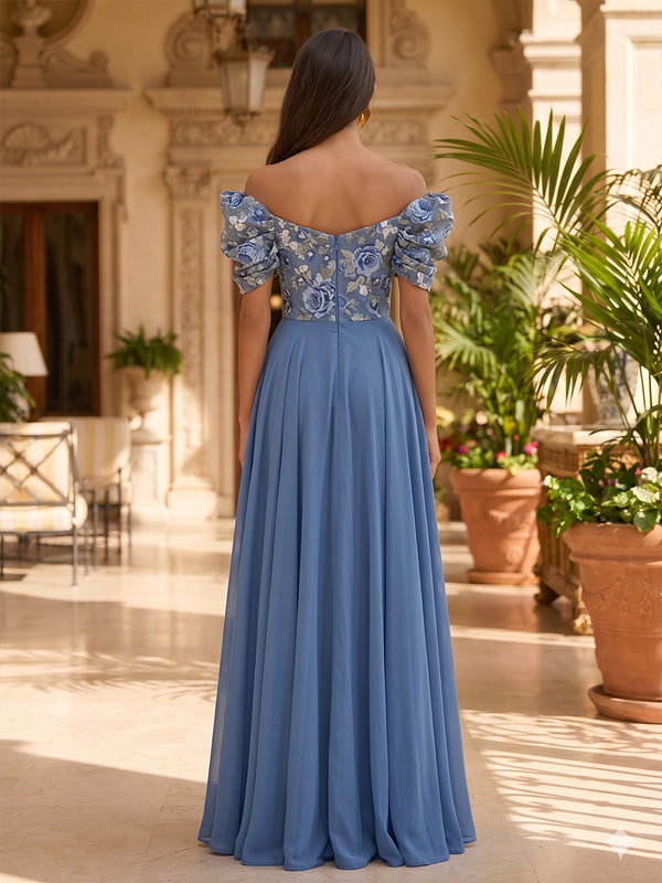 Chiffon A-Line/Princess Off Shoulder Floor-Length Formal Dresses with Floral Bodice & Ruched Waist