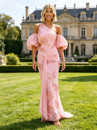 Jacquard Sheath/Column Off Shoulder Floor-Length Formal Dresses with Ruched Waist