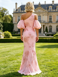 Jacquard Sheath/Column Off Shoulder Floor-Length Formal Dresses with Ruched Waist