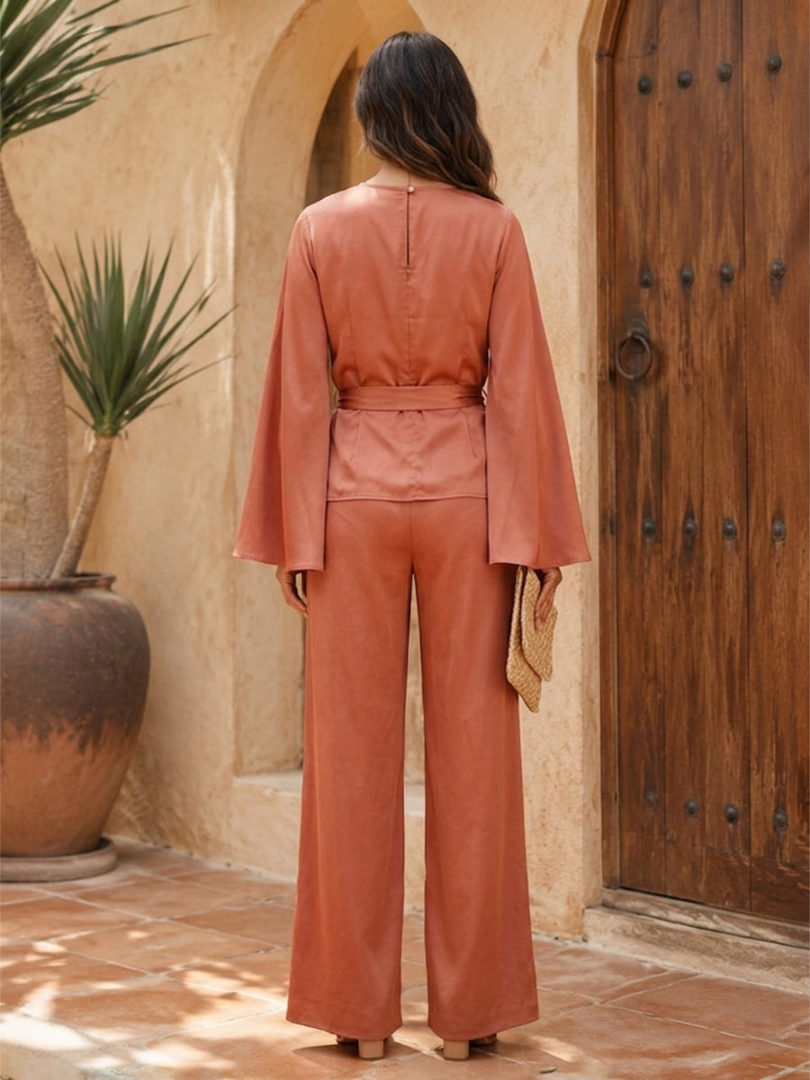 Satin Pantsuit Scoop Neck Floor-Length Formal Dresses with Belt