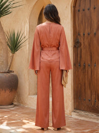 Satin Pantsuit Scoop Neck Floor-Length Formal Dresses with Belt