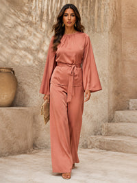 Satin Pantsuit Scoop Neck Floor-Length Formal Dresses with Belt
