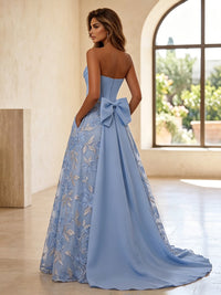 Jacquard A-Line/Princess Strapless Floor-Length Formal Dresses with Corset Bodice, Bow & Sweep Train