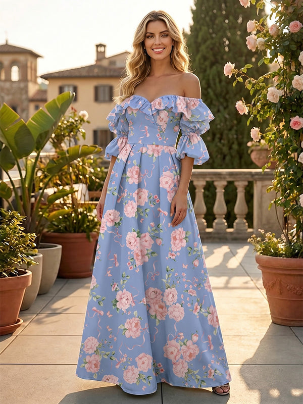 Floral Print A-Line/Princess Off Shoulder Floor-Length Formal Dresses with Ruched Waist