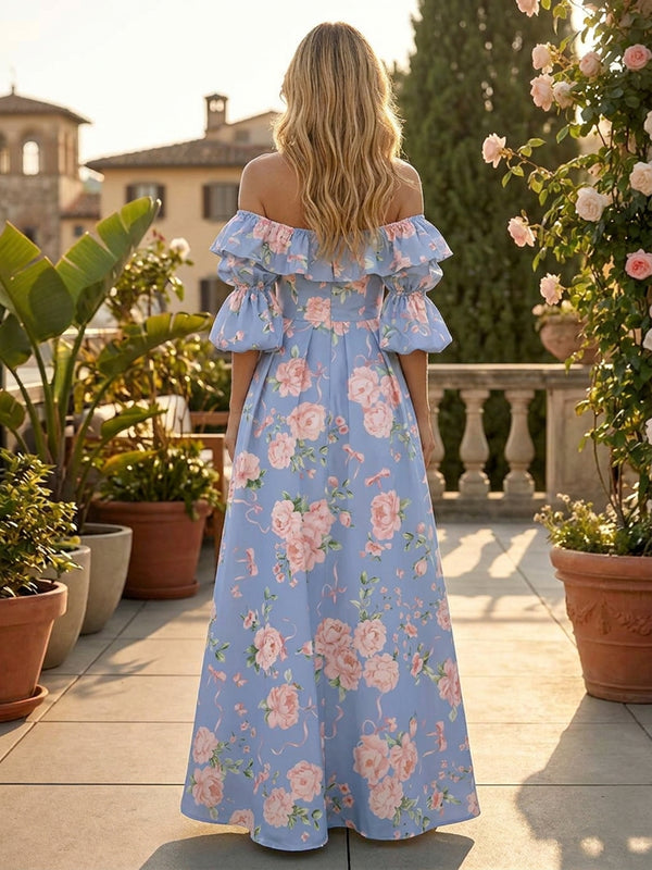 Floral Print A-Line/Princess Off Shoulder Floor-Length Formal Dresses with Ruched Waist