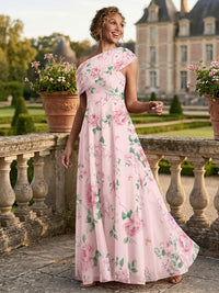 Floral Print A-Line/Princess One Shoulder Mother of the Bride Dresses with Ruched Waist