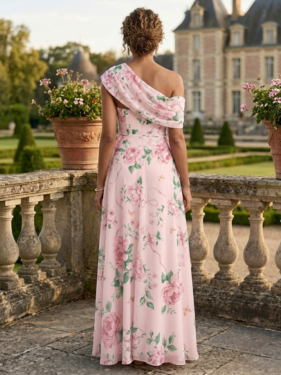 Floral Print A-Line/Princess One Shoulder Mother of the Bride Dresses with Ruched Waist