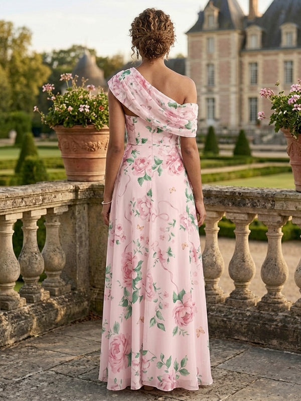 Floral Print A-Line/Princess One Shoulder Mother of the Bride Dresses with Ruched Waist