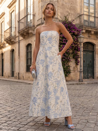 Jacquard A-Line/Princess Strapless Floor-Length Formal Dresses with Pockets