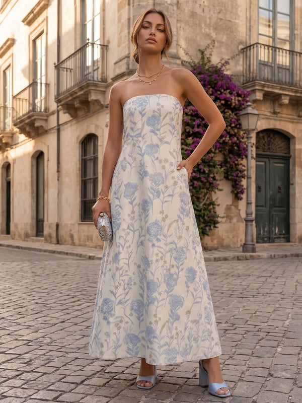Jacquard A-Line/Princess Strapless Floor-Length Formal Dresses with Pockets