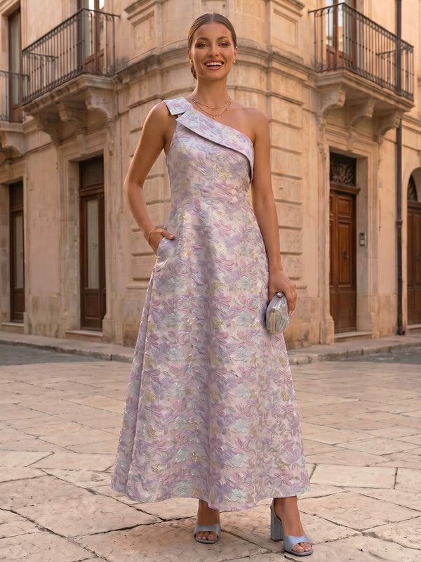 Jacquard A-Line/Princess One Shoulder Floor-Length Formal Dresses with Pockets