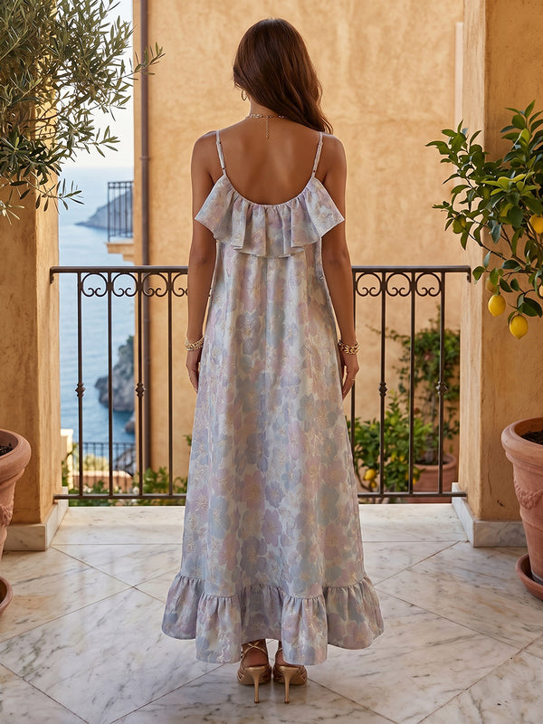 Jacquard Shift Dresses Spaghetti Straps Floor-Length Formal Dresses with Ruffles