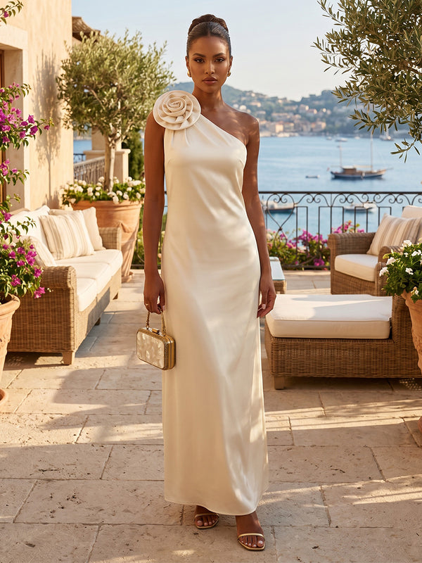 Satin Sheath/Column One Shoulder Floor-Length Formal Dresses with 3D Flowers