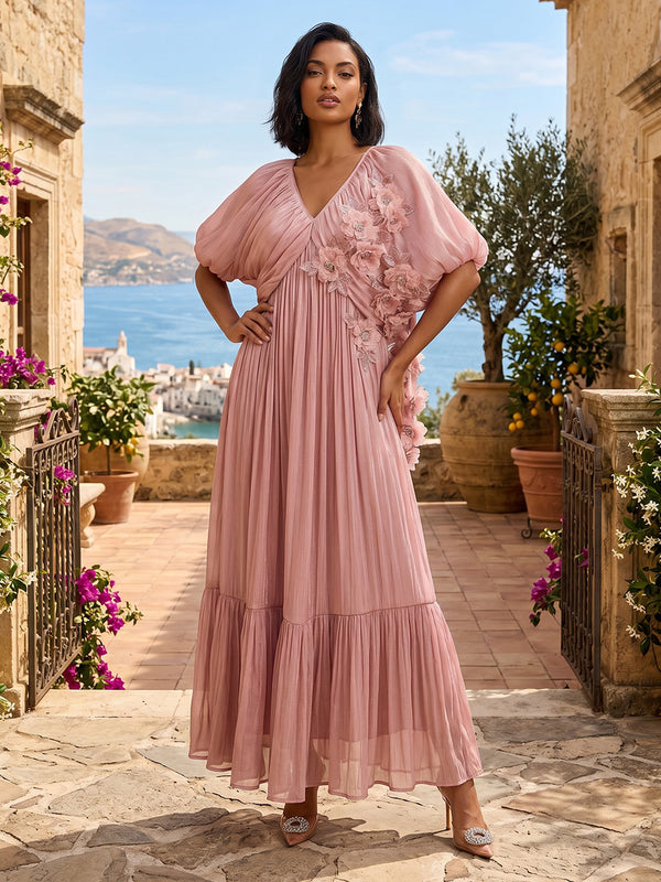 Chiffon A-Line/Princess V-Neck Floor-Length Formal Dresses with 3D Flowers & Pleats