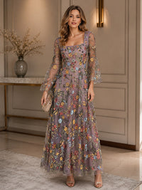 Lace Embroidery A-Line/Princess Square Neck Floor-Length Formal Dresses with Floral Bodice