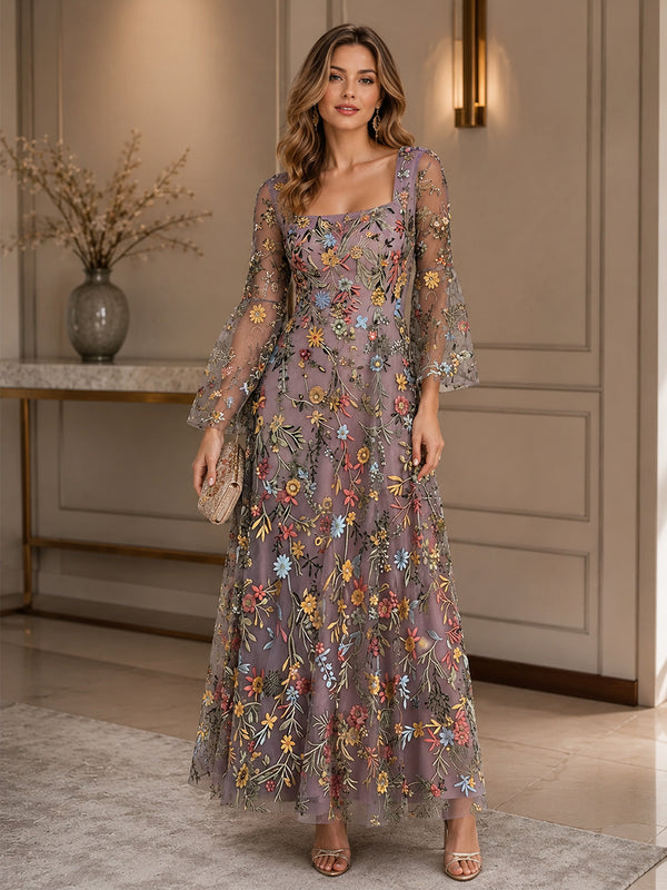 Lace Embroidery A-Line/Princess Square Neck Floor-Length Formal Dresses with Floral Bodice