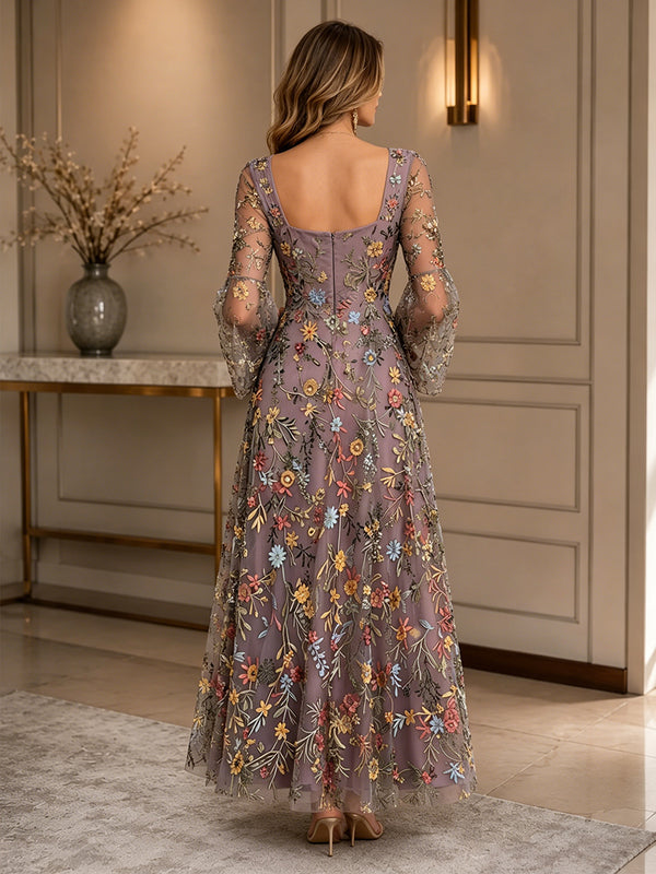 Lace Embroidery A-Line/Princess Square Neck Floor-Length Formal Dresses with Floral Bodice