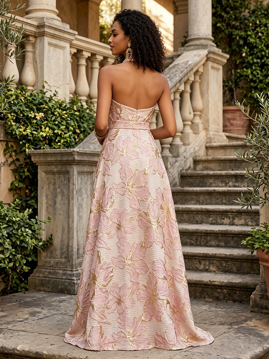 Jacquard A-Line/Princess Halter Floor-Length Formal Dresses for Women