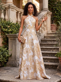 Jacquard A-Line/Princess Halter Floor-Length Formal Dresses for Women