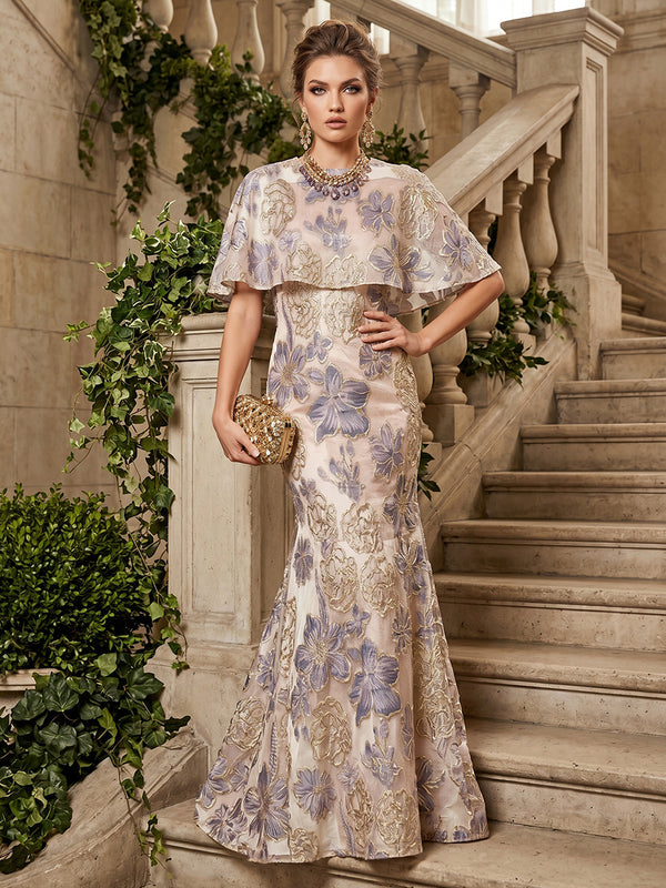 Jacquard Mermaid/Trumpet Scoop Neck Floor-Length Formal Dresses with Cape